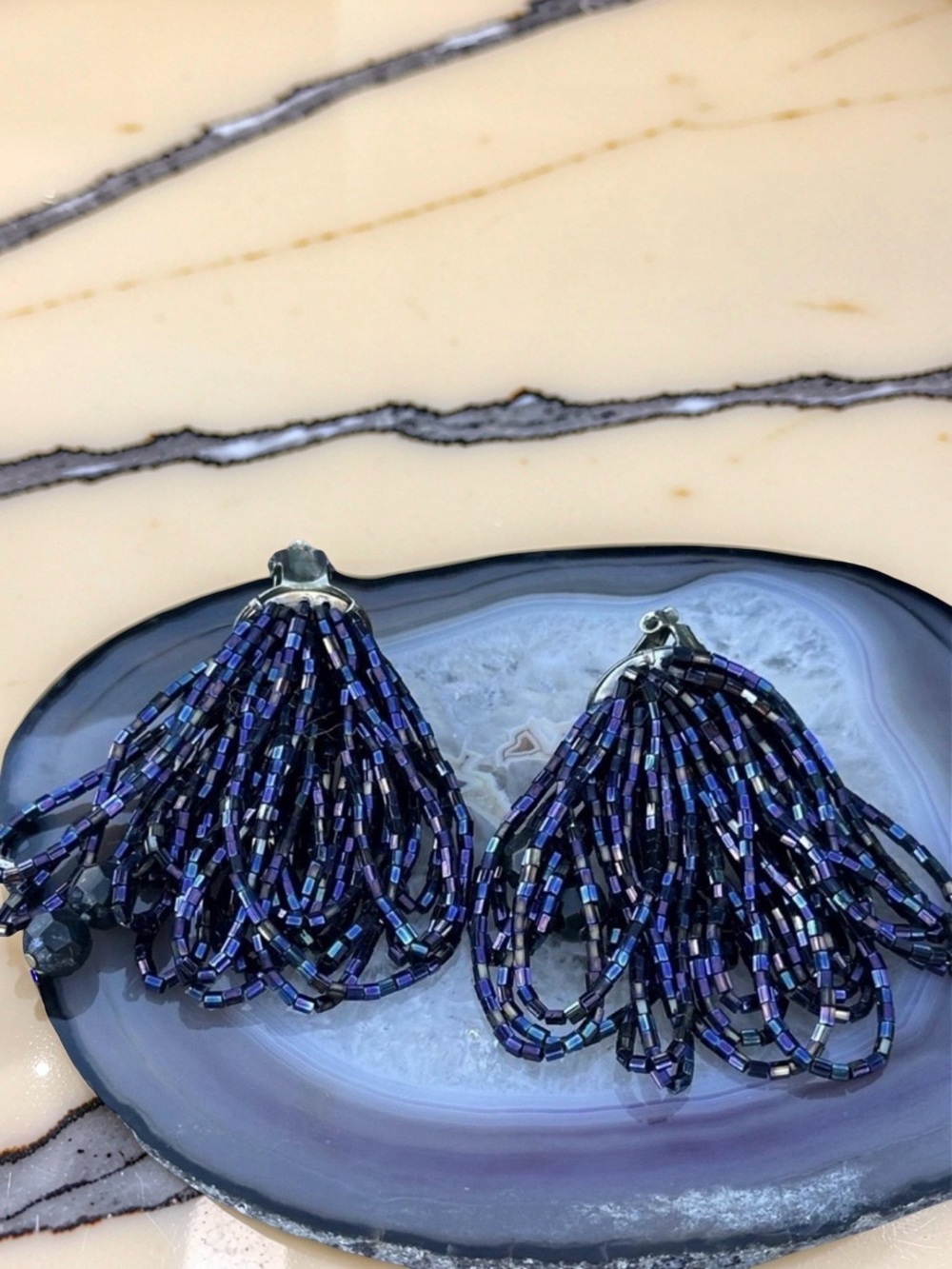 Vintage Iridescent Purple Beaded Fringe Clip-On Earrings Boho Retro